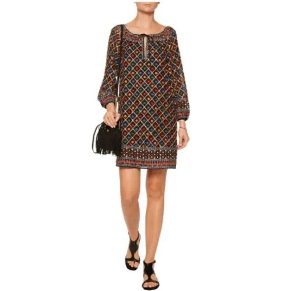Alice+Olivia Sz M Gillian Black/Multi Embroidered Beaded Peasant Shift Dress